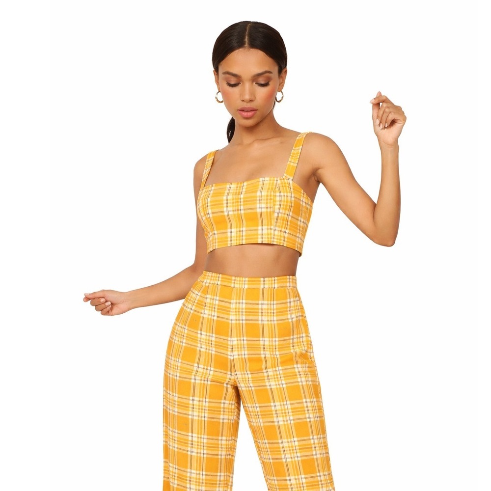 Reformation Women's Yellow Plaid Linen Noble Pants & Atlas Crop Top Set Size 2